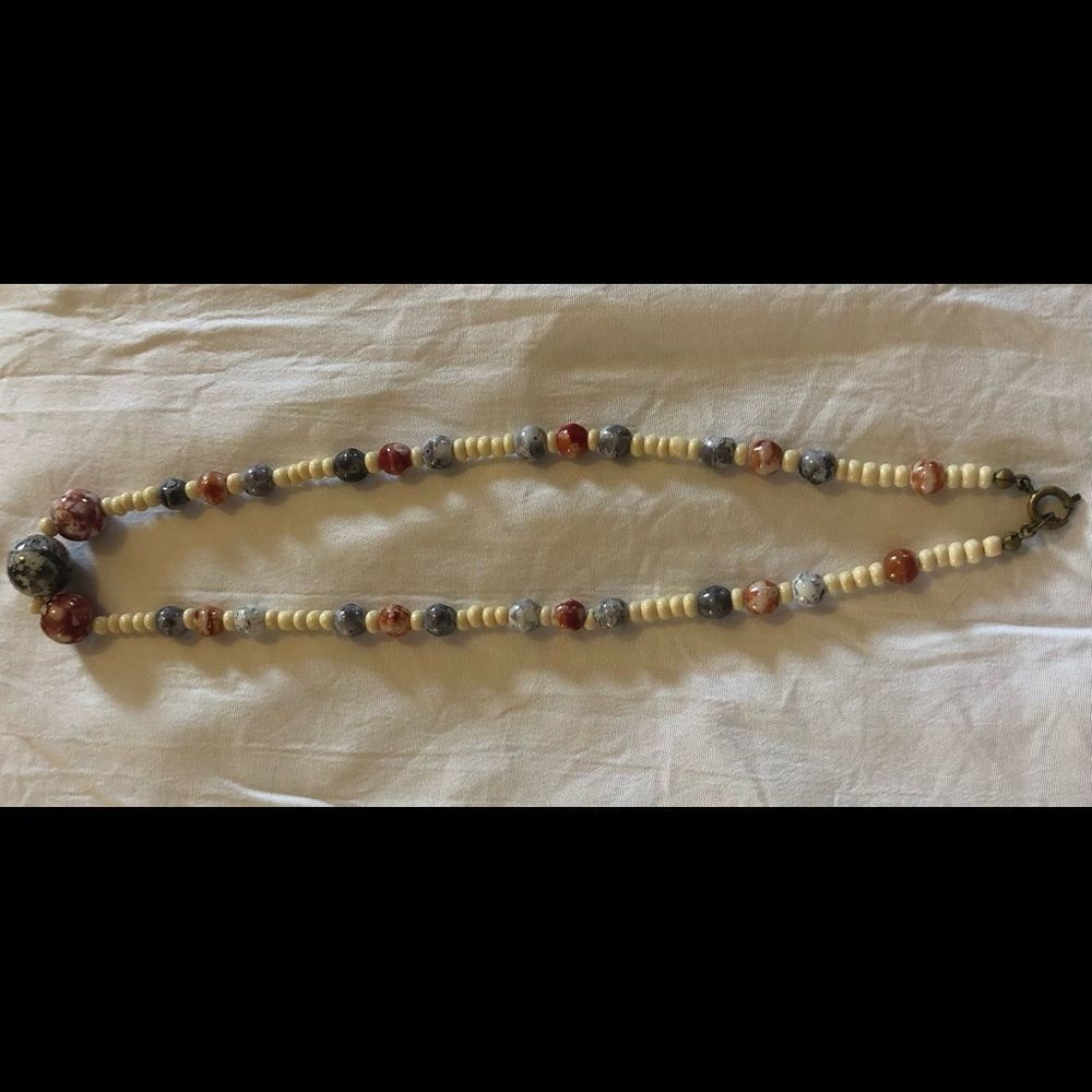 Glass bead necklace red, blue, off white marble look